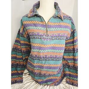 Vtg 90's Aztec Southwest Boho Pullover Shirt OS Bomber Half Zip Indie Retro Gren
